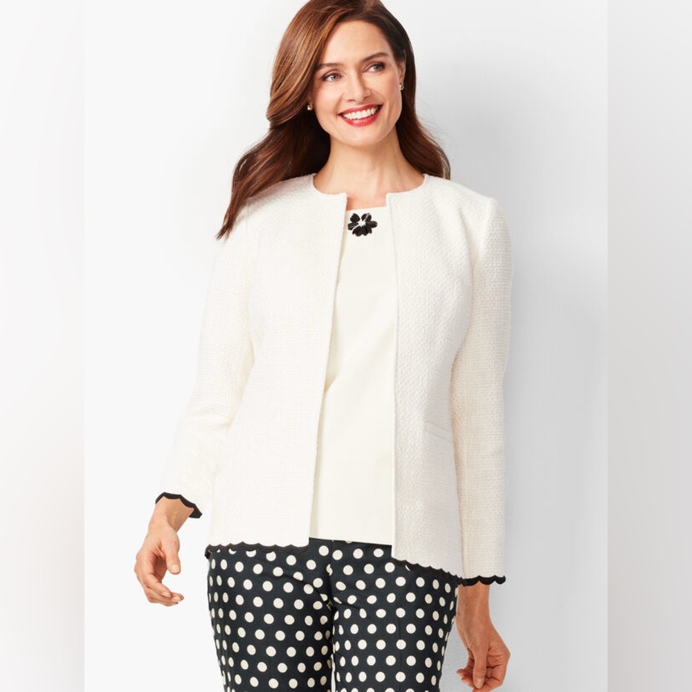 Talbots Scallop Trim Open Front Cotton Tweed Jacket Size 18 Parisian Chic Preppy
